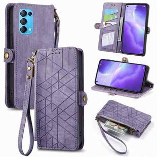 For OPPO Reno5 5G Geometric Zipper Wallet Side Buckle Leather Phone Case(Purple)