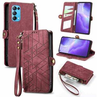 For OPPO Reno5 5G Geometric Zipper Wallet Side Buckle Leather Phone Case(Red)