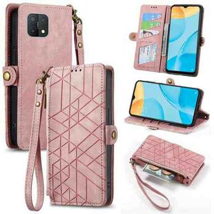 For OPPO A15 Geometric Zipper Wallet Side Buckle Leather Phone Case(Pink)
