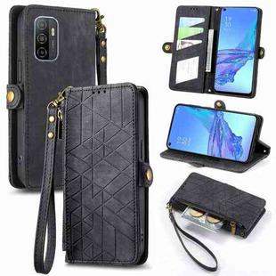 For OPPO A53 2020 Geometric Zipper Wallet Side Buckle Leather Phone Case(Black)
