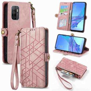 For OPPO A53 2020 Geometric Zipper Wallet Side Buckle Leather Phone Case(Pink)
