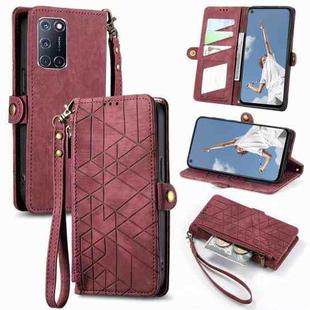 For OPPO A52/A72/A92 Geometric Zipper Wallet Side Buckle Leather Phone Case(Red)