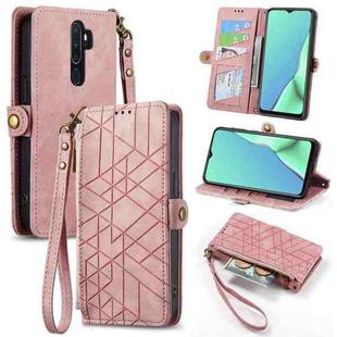 For OPPO A9 2020 / A5 2020 Geometric Zipper Wallet Side Buckle Leather Phone Case(Pink)