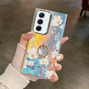 For Samsung Galaxy A55 5G Electroplating Laser Flower Ring Holder TPU Phone Case(White Flower AH10)