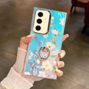 For Samsung Galaxy S24+ 5G Electroplating Laser Flower Ring Holder TPU Phone Case(Blue Flower AH8)