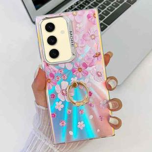 For Samsung Galaxy S24+ 5G Electroplating Laser Flower Ring Holder TPU Phone Case(Pink Flower AH13)
