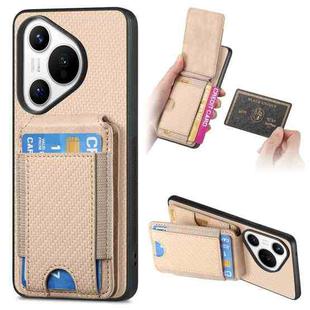 For Huawei Pura 70 Pro Carbon Fiber Vertical Flip Wallet Stand Phone Case(Khaki)