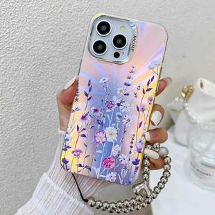 For iPhone 15 Pro Electroplating Laser Flower Phone Case with Wrist Strap(Flower AH1)