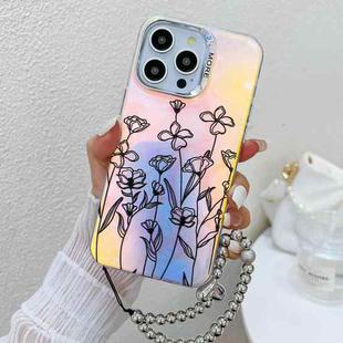 For iPhone 15 Pro Electroplating Laser Flower Phone Case with Wrist Strap(Drawn Flowers AH3)