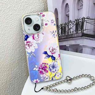 For iPhone 15 Electroplating Laser Flower Phone Case with Wrist Strap(Peony AH11)