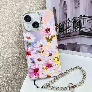 For iPhone 15 Electroplating Laser Flower Phone Case with Wrist Strap(Cosmos Flower AH7)