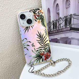 For iPhone 15 Electroplating Laser Flower Phone Case with Wrist Strap(Leaves AH12)