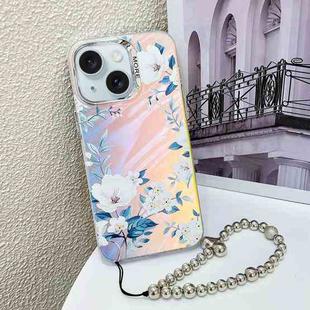 For iPhone 15 Electroplating Laser Flower Phone Case with Wrist Strap(White Flower AH10)