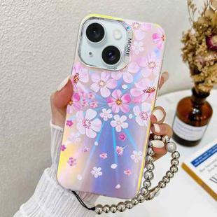 For iPhone 15 Electroplating Laser Flower Phone Case with Wrist Strap(Pink Flower AH13)