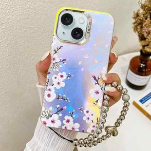 For iPhone 15 Electroplating Laser Flower Phone Case with Wrist Strap(Plum Blossom AH18)