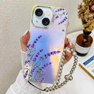 For iPhone 15 Electroplating Laser Flower Phone Case with Wrist Strap(Lavender AH14)