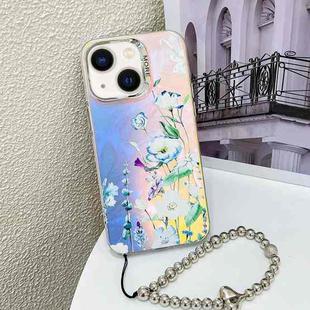For iPhone 14 Electroplating Laser Flower Phone Case with Wrist Strap(Blue Flower AH8)