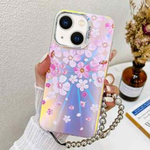 For iPhone 14 Electroplating Laser Flower Phone Case with Wrist Strap(Pink Flower AH13)