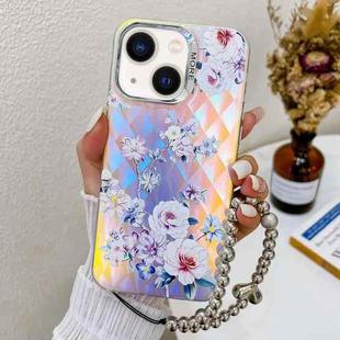 For iPhone 14 Electroplating Laser Flower Phone Case with Wrist Strap(Rose AH15)