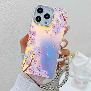 For iPhone 14 Pro Max Electroplating Laser Flower Phone Case with Wrist Strap(Peach Blossom AH4)