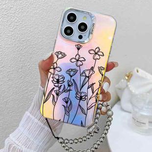 For iPhone 14 Pro Max Electroplating Laser Flower Phone Case with Wrist Strap(Drawn Flowers AH3)