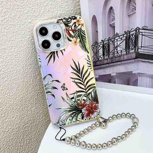 For iPhone 14 Pro Max Electroplating Laser Flower Phone Case with Wrist Strap(Leaves AH12)
