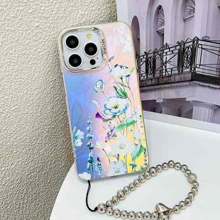 For iPhone 14 Pro Max Electroplating Laser Flower Phone Case with Wrist Strap(Blue Flower AH8)