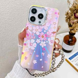 For iPhone 14 Pro Max Electroplating Laser Flower Phone Case with Wrist Strap(Pink Flower AH13)