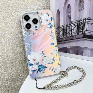 For iPhone 13 Pro Max Electroplating Laser Flower Phone Case with Wrist Strap(White Flower AH10)
