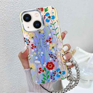 For iPhone 13 Electroplating Laser Flower Phone Case with Wrist Strap(Flower AH6)