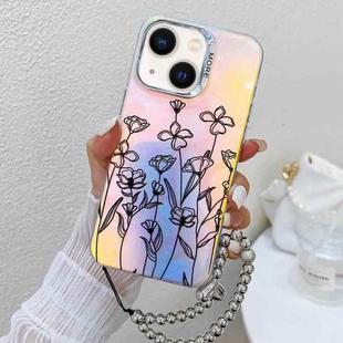 For iPhone 13 Electroplating Laser Flower Phone Case with Wrist Strap(Drawn Flowers AH3)