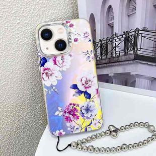 For iPhone 13 Electroplating Laser Flower Phone Case with Wrist Strap(Peony AH11)