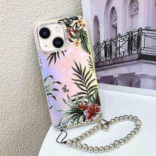 For iPhone 13 Electroplating Laser Flower Phone Case with Wrist Strap(Leaves AH12)