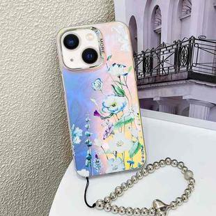 For iPhone 13 Electroplating Laser Flower Phone Case with Wrist Strap(Blue Flower AH8)