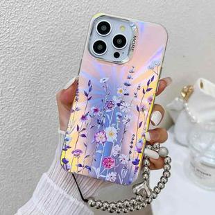 For iPhone 16 Pro Max Electroplating Laser Flower Phone Case with Wrist Strap(Flower AH1)