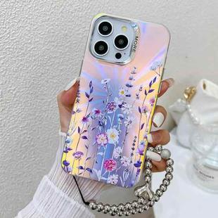 For iPhone 16 Pro Electroplating Laser Flower Phone Case with Wrist Strap(Flower AH1)