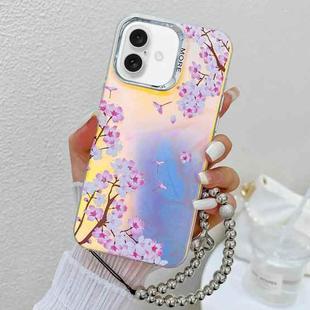 For iPhone 16 Plus Electroplating Laser Flower Phone Case with Wrist Strap(Peach Blossom AH4)