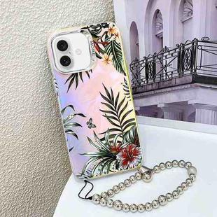 For iPhone 16 Plus Electroplating Laser Flower Phone Case with Wrist Strap(Leaves AH12)