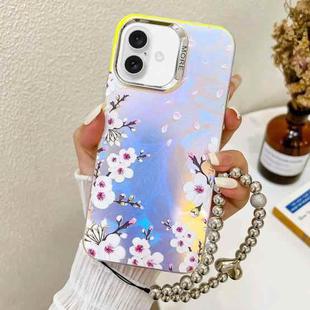 For iPhone 16 Plus Electroplating Laser Flower Phone Case with Wrist Strap(Plum Blossom AH18)