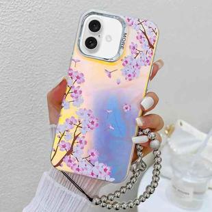 For iPhone 16 Electroplating Laser Flower Phone Case with Wrist Strap(Peach Blossom AH4)