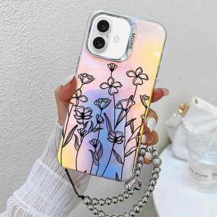 For iPhone 16 Electroplating Laser Flower Phone Case with Wrist Strap(Drawn Flowers AH3)