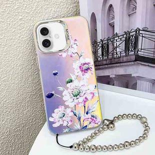 For iPhone 16 Electroplating Laser Flower Phone Case with Wrist Strap(Zinnia AH9)