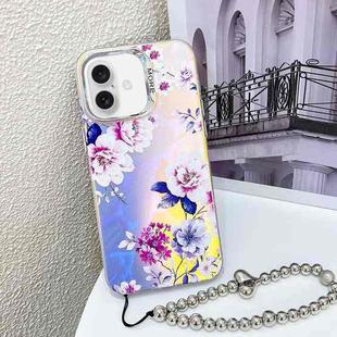 For iPhone 16 Electroplating Laser Flower Phone Case with Wrist Strap(Peony AH11)