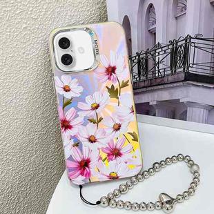 For iPhone 16 Electroplating Laser Flower Phone Case with Wrist Strap(Cosmos Flower AH7)