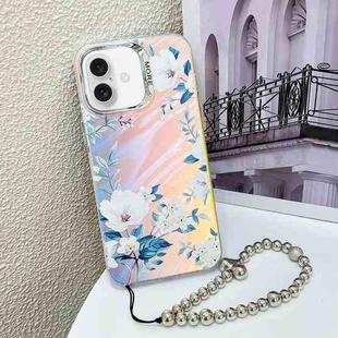 For iPhone 16 Electroplating Laser Flower Phone Case with Wrist Strap(White Flower AH10)