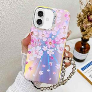 For iPhone 16 Electroplating Laser Flower Phone Case with Wrist Strap(Pink Flower AH13)