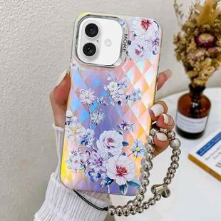 For iPhone 16 Electroplating Laser Flower Phone Case with Wrist Strap(Rose AH15)