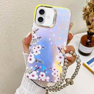 For iPhone 16 Electroplating Laser Flower Phone Case with Wrist Strap(Plum Blossom AH18)