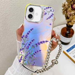 For iPhone 16 Electroplating Laser Flower Phone Case with Wrist Strap(Lavender AH14)