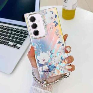 For Samsung Galaxy A35 5G Electroplating Laser Flower Phone Case with Wrist Strap(White Flower AH10)